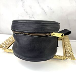 Vintage 50s 60s Black Leather Travel Case Toiletries Grooming Talon Zipper Round